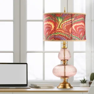 31.5"H Dash Red Printed Drum Shade Geometric Pink Glass Table Lamp