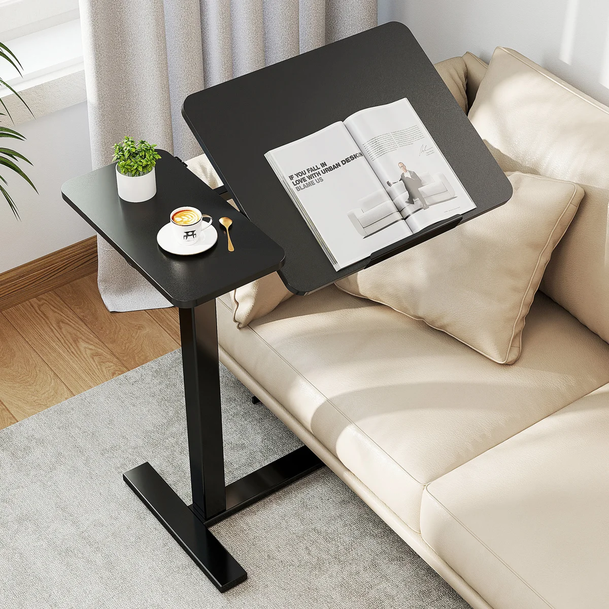Amarian C-Shaped Side Table with Adjustable Height and Rotatable Table Top, Walnut
