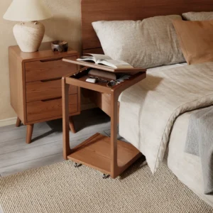 Solid Wood C-Table End Table, Flip Top Hidden Storage Rolling Side Table