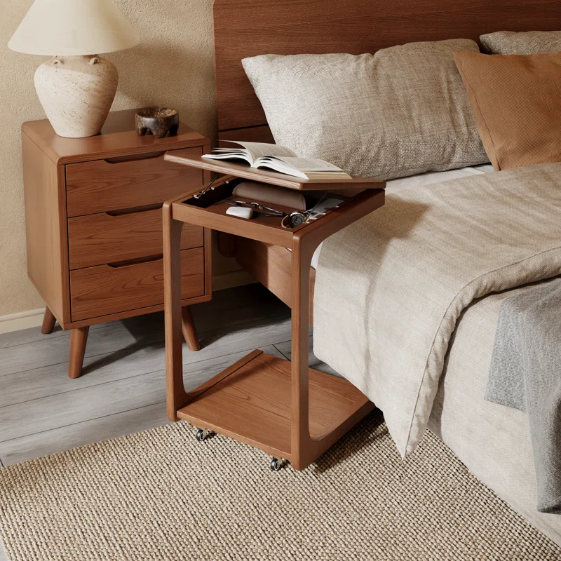 Solid Wood C-Table End Table, Flip Top Hidden Storage Rolling Side Table
